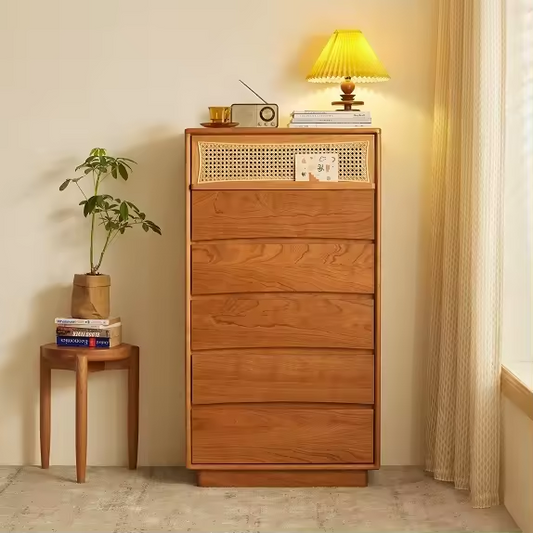 Cherry Wood Storage Dresser With Rattan Design