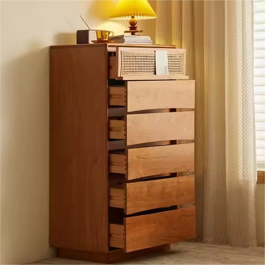 Cherry Wood Storage Dresser With Rattan Design