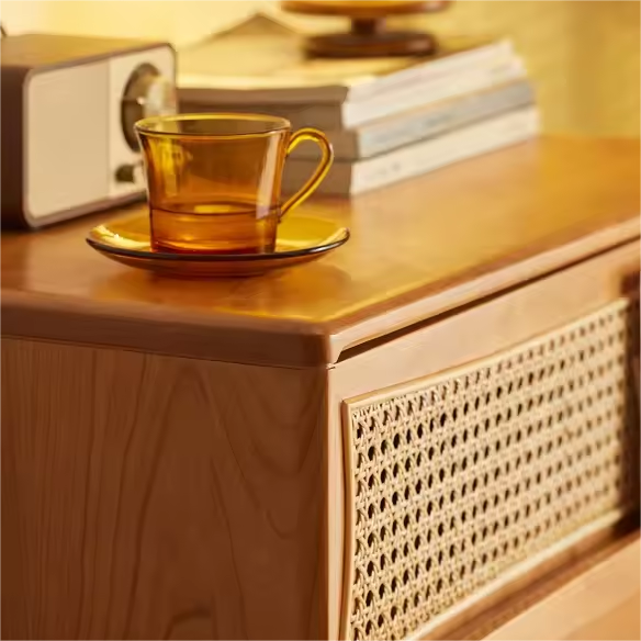 Cherry Wood Storage Dresser With Rattan Design