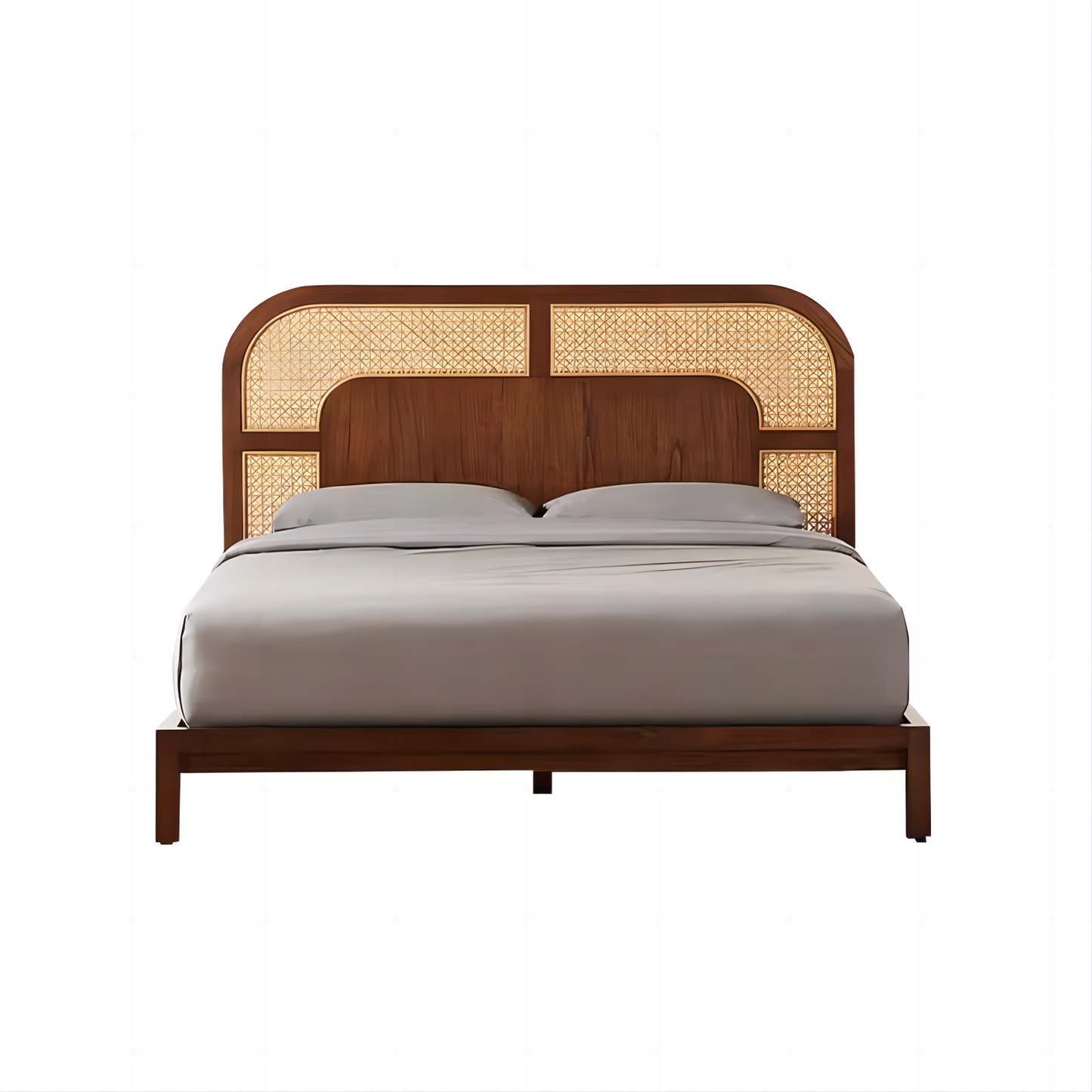 Walnut Bed With Rattan Headboard