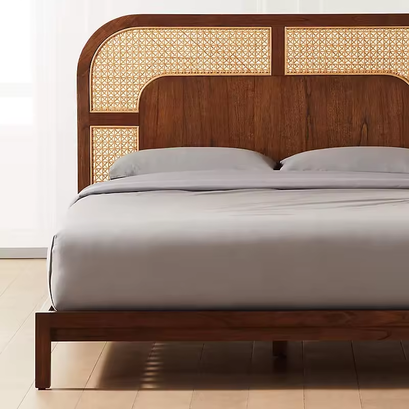 Walnut Bed With Rattan Headboard