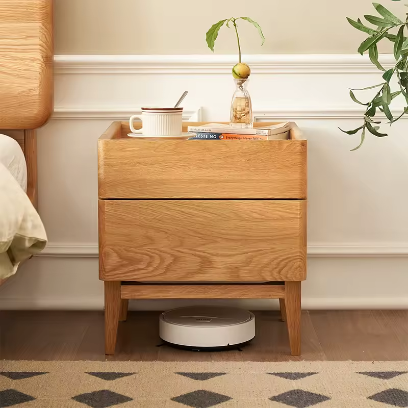 Simple Solid Oak Wood Nightstand With Two-Drawer