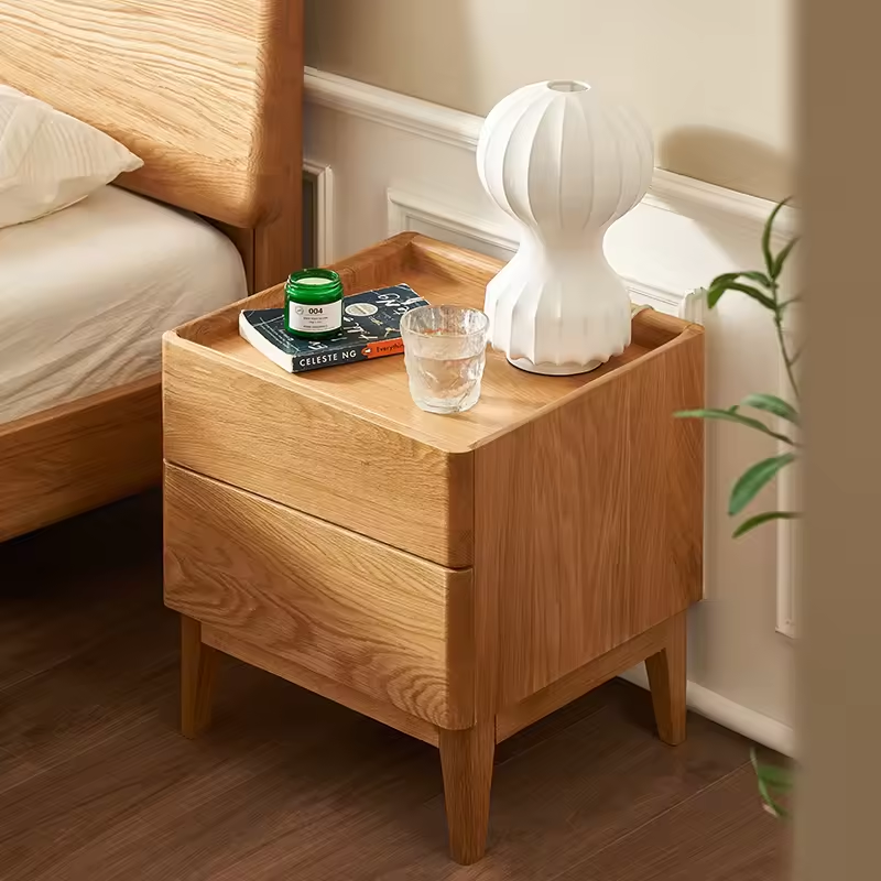 Simple Solid Oak Wood Nightstand With Two-Drawer