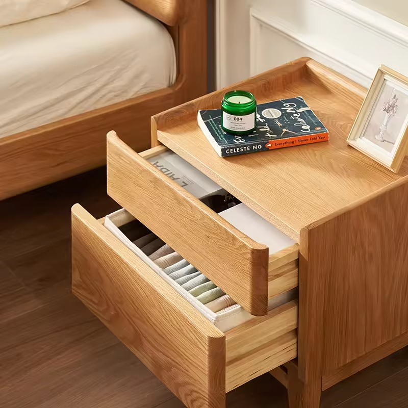 Simple Solid Oak Wood Nightstand With Two-Drawer