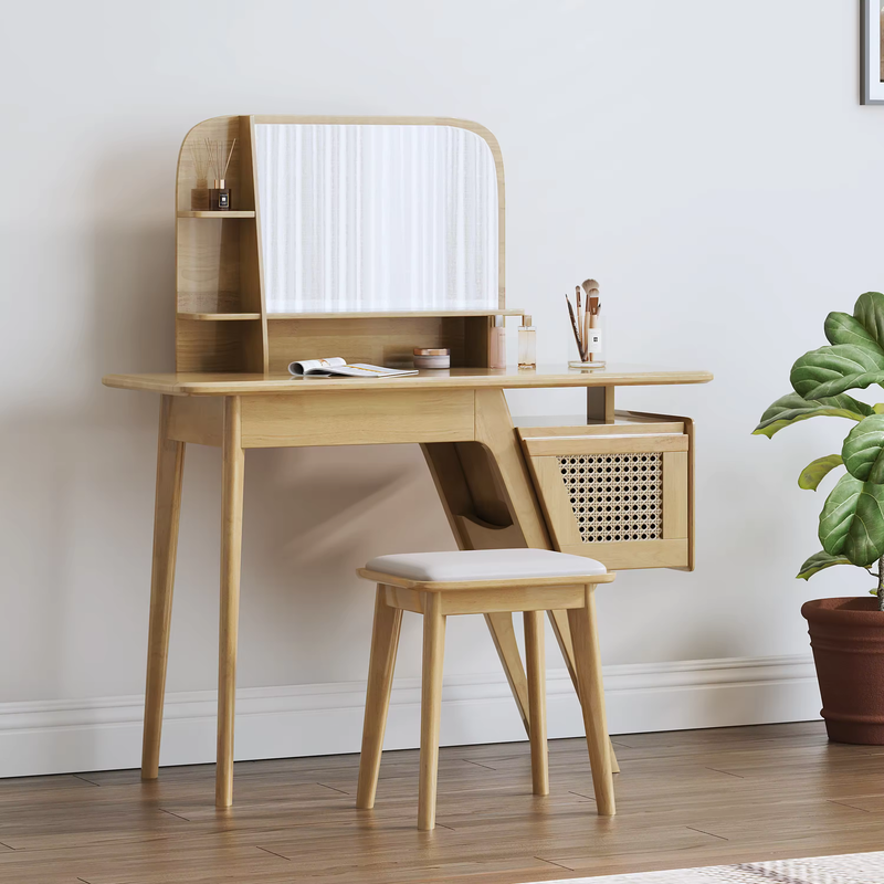 Solid Wood Rattan Dressing Table With Mirror