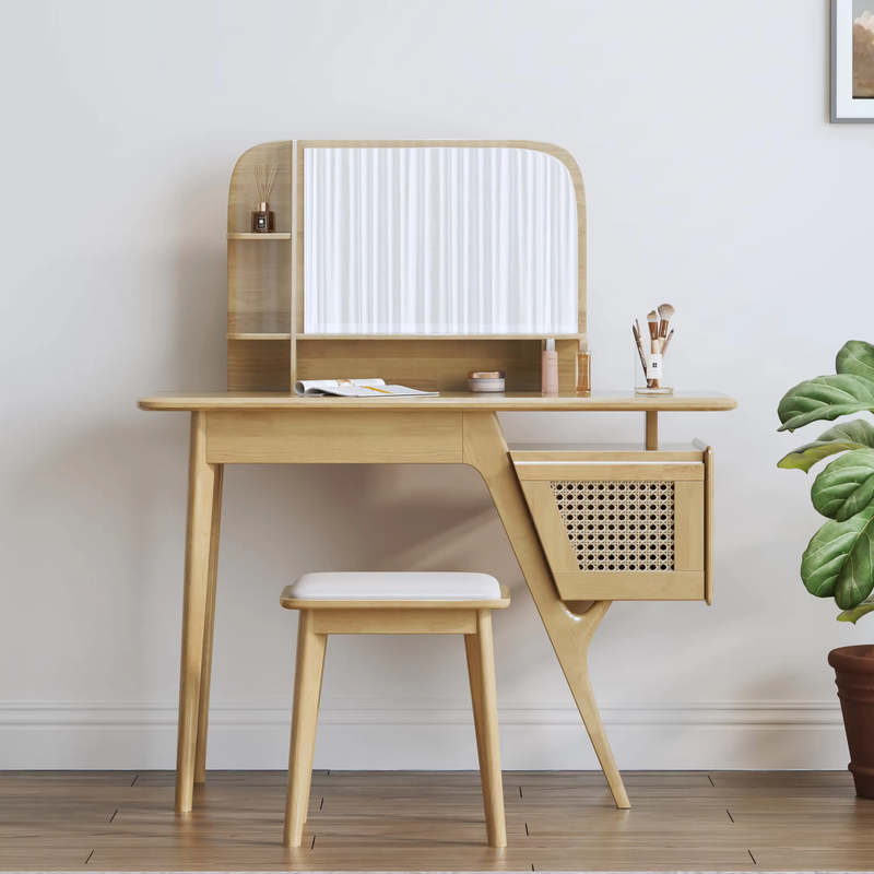 Solid Wood Rattan Dressing Table With Mirror