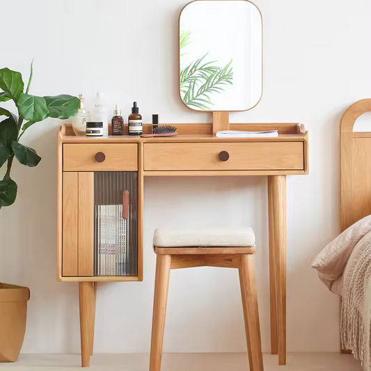 Solid Oak Wood Dressing Table With Mirror With Glass Door