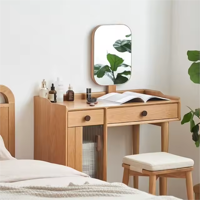 Solid Oak Wood Dressing Table With Mirror With Glass Door