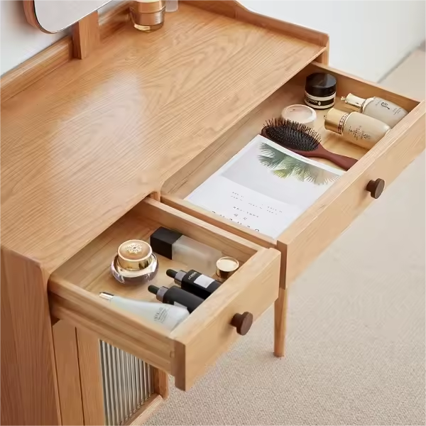 Solid Oak Wood Dressing Table With Mirror With Glass Door