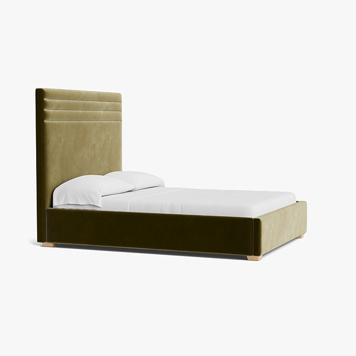 Olive Velvet Upholstered Bed With Natural Oak Feet